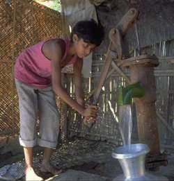 Bangladesh pump. The green paint indicates that the water is not contaminated by As